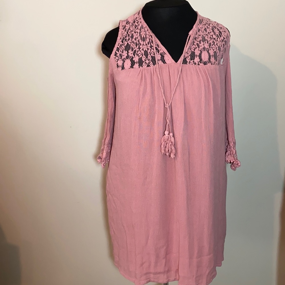 Heartloom Cold shoulder lace boho Dress small pink long sleeve summer beach